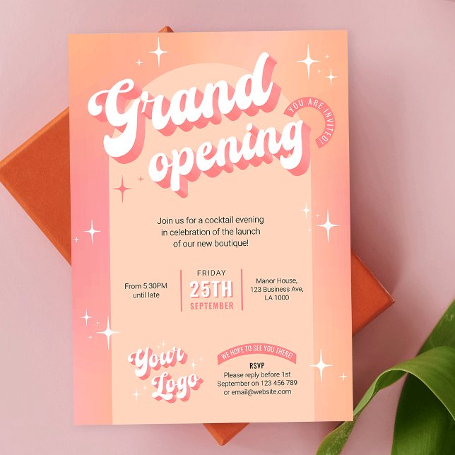 Invitation Salon rose Peach tendance Boutique Spa Grand Ouver (Create modern and fun business launch event invitations with this Retro Groovy Business Invitation)