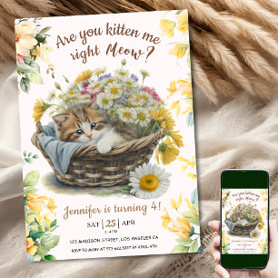 Invitation Salut ! Cute Kitten Floral Kitty Chat 4e anniversa