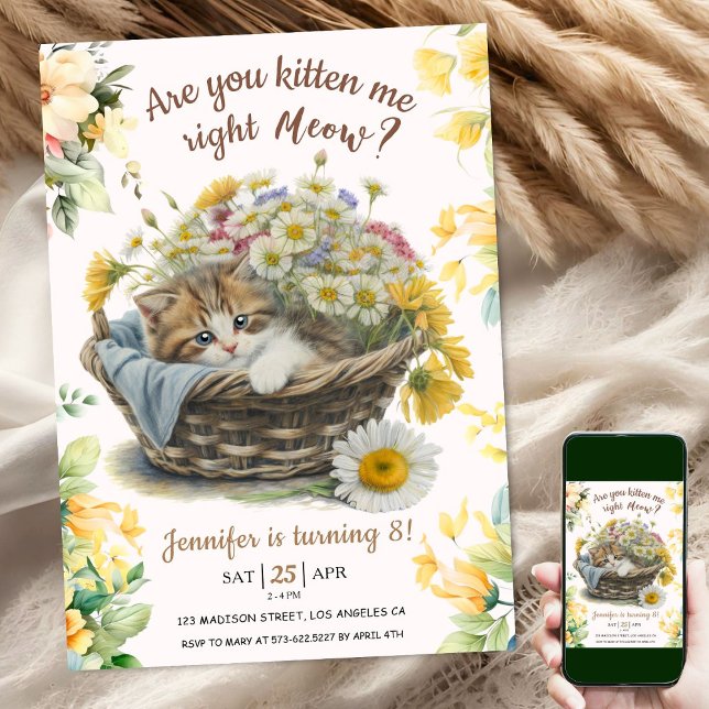 Invitation Salut ! Cute Kitten Floral Kitty Chat 8e anniversa (Créateur téléchargé)