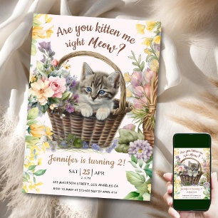 Invitation Salut ! Floral Cute Kitten Girl Cat 2e anniversair