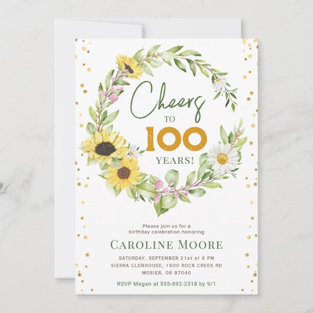 Invitation Salutations 100 ans Sunflower Ladies 100e annivers (Devant)