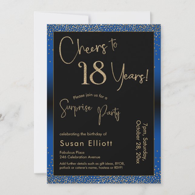 Invitation Salutations à 18 ans Surprise Anniversaire Bleu (Devant)