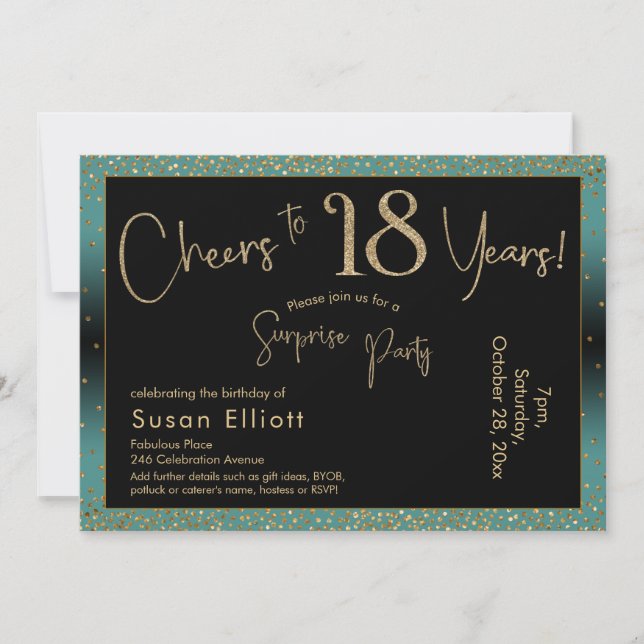 Invitation Salutations à 18 ans Surprise Anniversaire Turquoi (Devant)