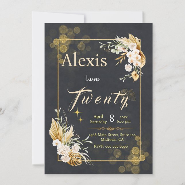 Invitation Salutations à 20 ans! : Elégant Black floral (Devant)