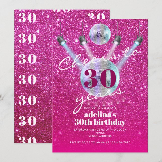 Invitation Salutations à 30 ans Pink Glam Disco Anniversaire  (Devant / Derrière)