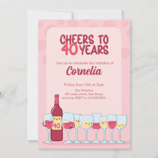 Invitation Salutations à 40 ans kawaii anniversaire vin Invit