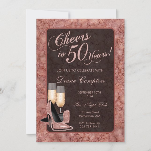 Invitation Salutations à 50 Anniversaire Rose d'or (Devant)