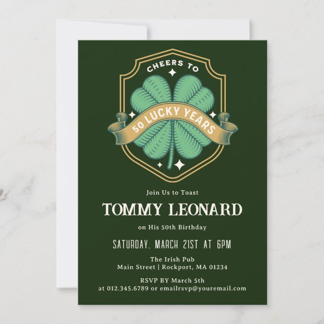 Invitation Salutations à 50 Anniversaire Shamrock chanceux (Devant)