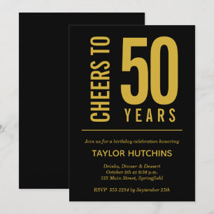 Invitation Salutations à 50 ans Noir et Or Anniversaire
