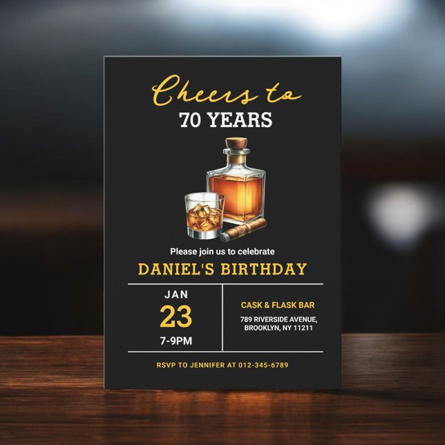 Invitation Salutations à 70 ans Whiskey Cigar Bourbon Anniver (Créateur téléchargé)