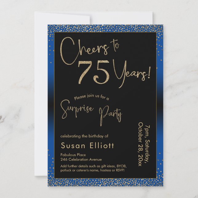 Invitation Salutations à 75 ans Surprise Anniversaire Bleu (Devant)