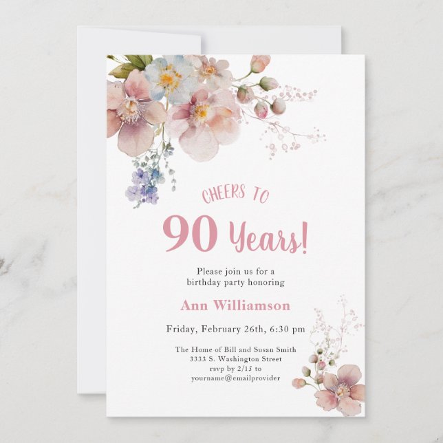 Invitation Salutations à 90 Anniversaire rose Floral (Devant)