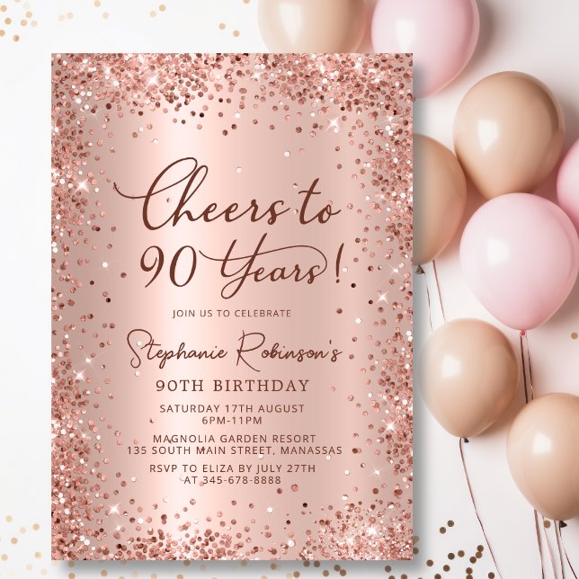 Invitation Salutations à 90 ans Rose Gold 90e anniversaire (Créateur téléchargé)
