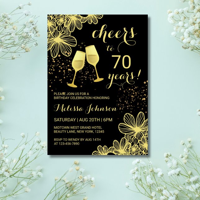 Invitation Salutations Champagne Floral Gold Black Anniversai (Créateur téléchargé)