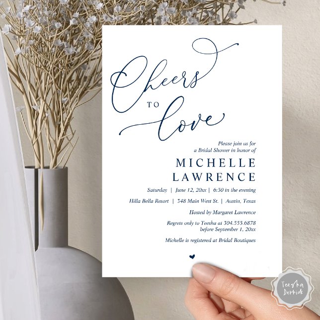 Invitation Salutations d'amour, Fête des mariées romantique (Cheers to love, Romantic Bridal Shower Party Invitation Card, PDF, in Navy Blue)