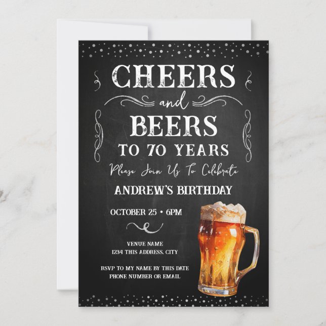 Invitation Salutations et bières 70e anniversaire Chalkboard  (Devant)