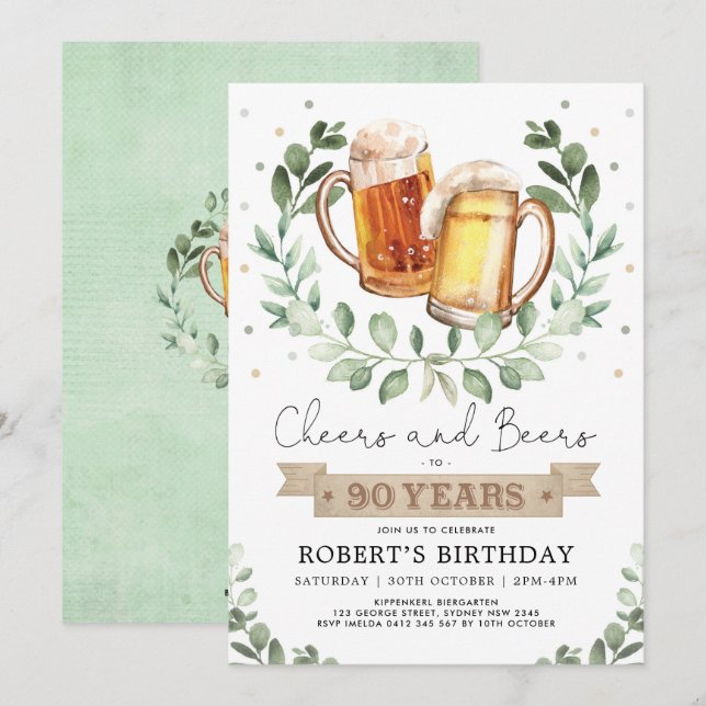 Invitation Salutations et bières à 90 ans Hommes adultes Anni (Devant / Derrière)