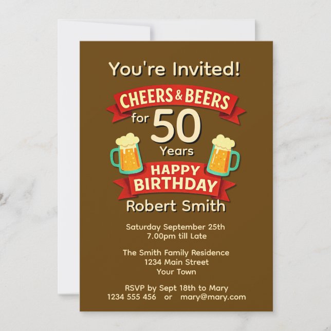 Invitation Salutations et bières pour 50 ans heureux NOM d'an (Devant)
