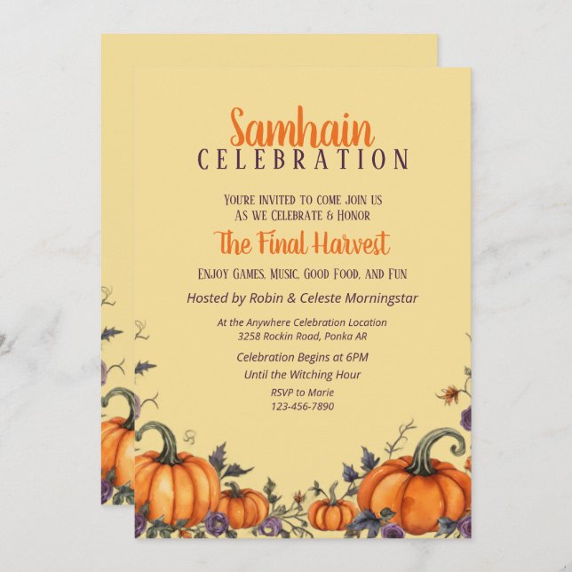 Invitation Samhain Party Automne Citrouilles et Feuilles Invi (Devant / Derrière)