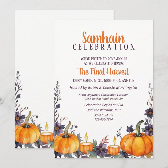 Invitation Samhain Party Automne Floral Citrouilles et bougie (Devant / Derrière)