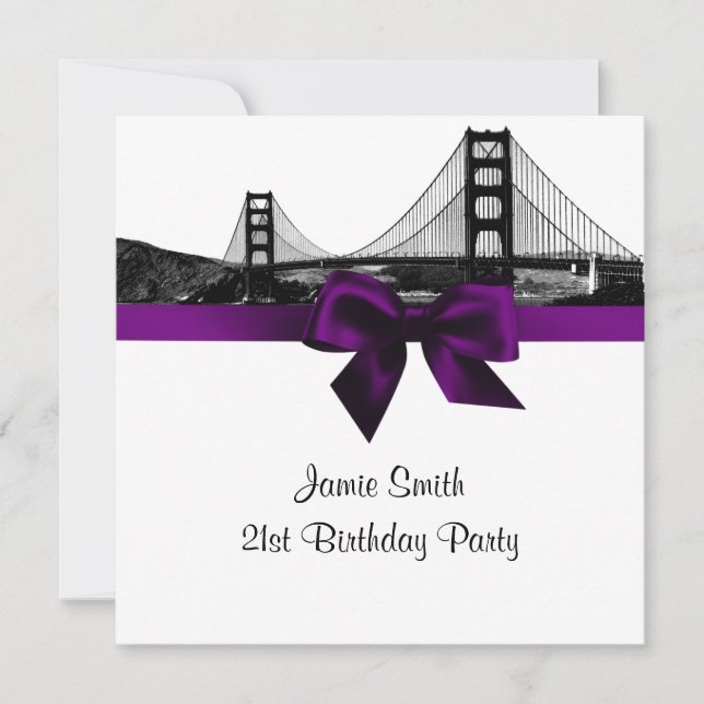 Invitation San Fran Skyline Etched BW Purple SQ Anniversaire (Devant)