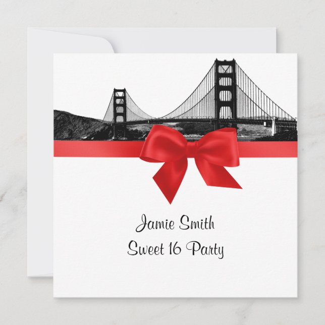 Invitation San Fran Skyline Etched BW Red Sweet sixteen SQ (Devant)