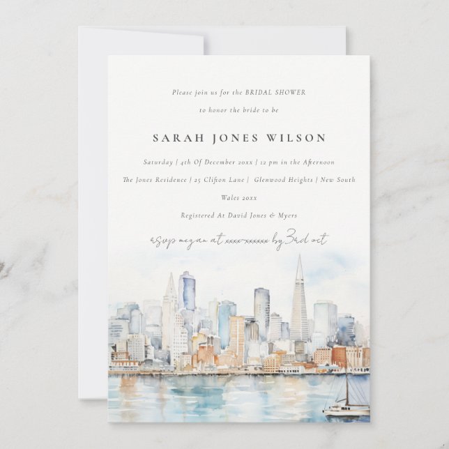 Invitation San Francisco Watercolor Landscape Bridal Shower (Devant)