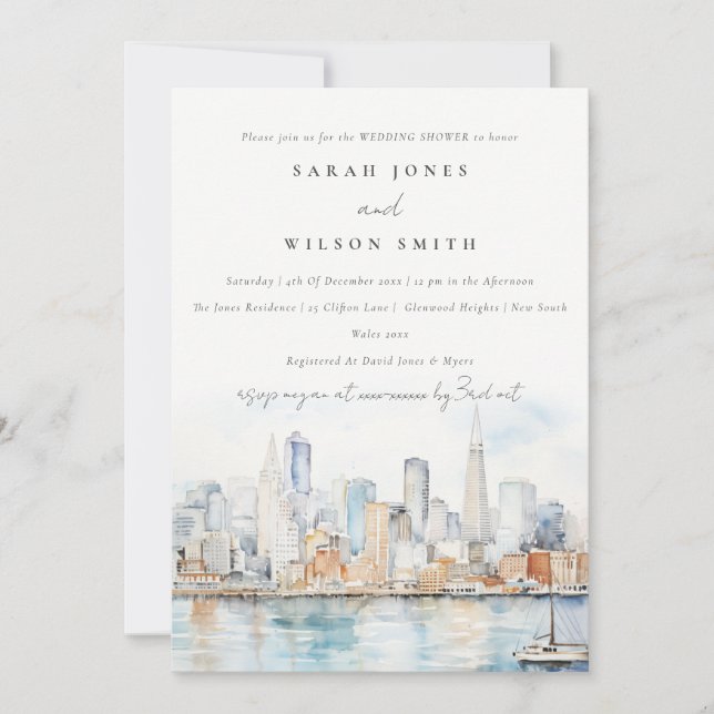 Invitation San Francisco Watercolor Landscape Wedding Shower (Devant)