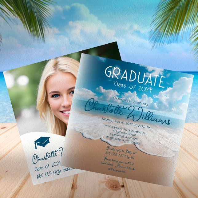Invitation Sandy Beach Waves Graduate Photo Party (Beach "Graduate" Photo Graduation Party Invitation - Available in Print and/or Digital Download)