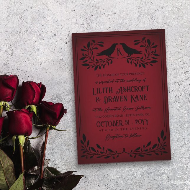 Invitation Sang Rouge noir corbeau Monogramme Goth Mariage (Créateur téléchargé)