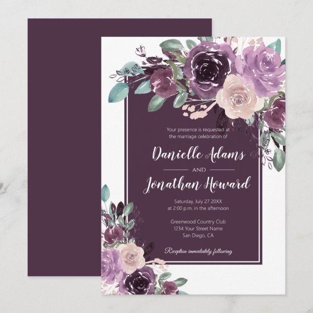 Invitation Sangria rustique Mariage de fleurs mauves violette (Devant / Derrière)