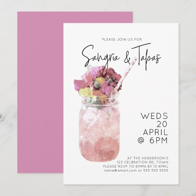 Invitation Sangria & Tapas Summer Cocktail Party rose vif (Devant / Derrière)