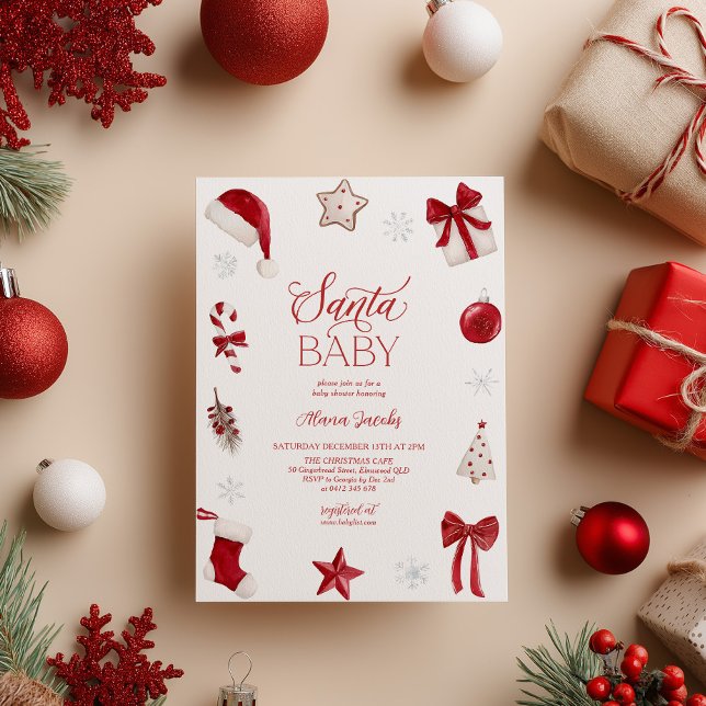 Invitation Santa Baby Shower Christmas Festive  (Santa Baby! Christmas themed Baby Shower in red and white)