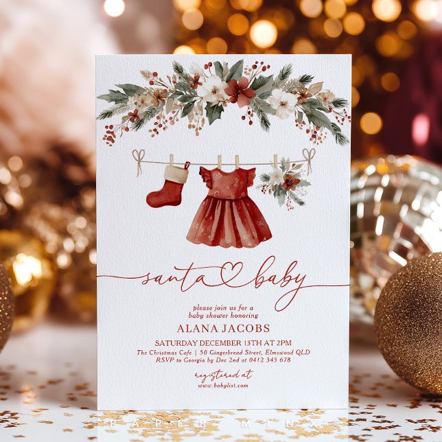 Invitation Santa Baby Shower Girl Christmas Red Dress (Santa Baby! Cute red and white Christmas Baby Shower Invitation for baby girl. )