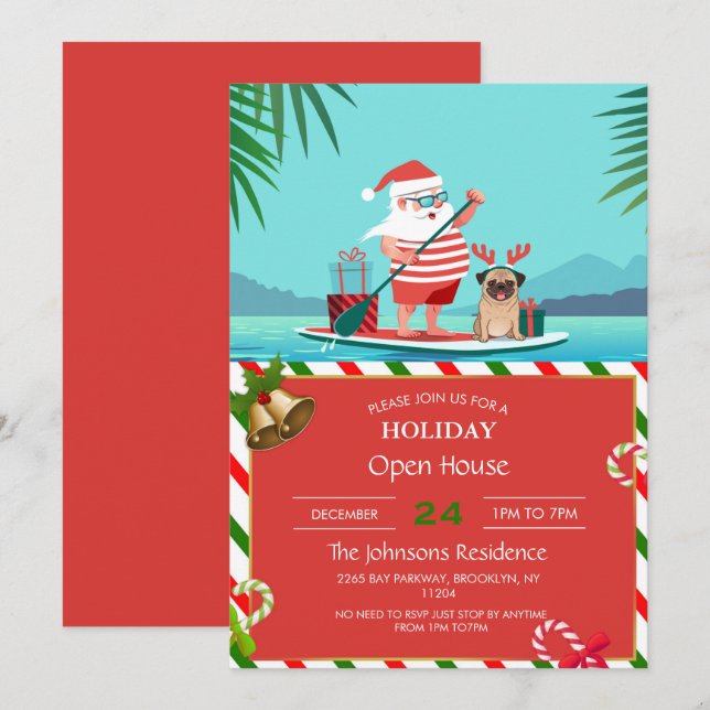 Invitation Santa Claus and His Pug on a surfboard (Devant / Derrière)