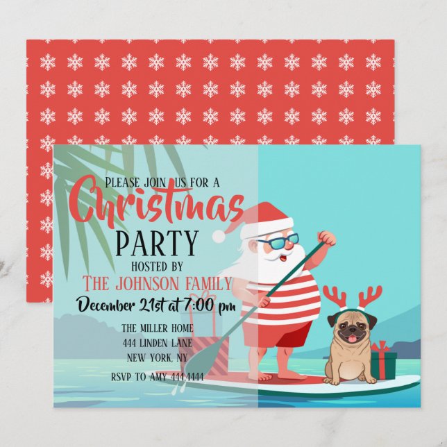 Invitation Santa Claus and His Pug on a surfboard (Devant / Derrière)