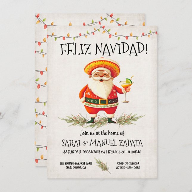 Invitation Santa Claus mexicain hispanique Feliz Navidad (Devant / Derrière)