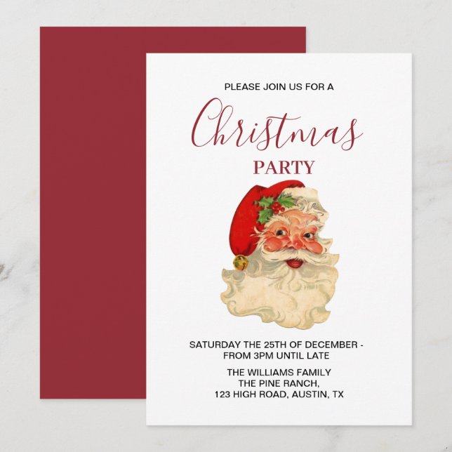 Invitation Santa Claus Vintage Retro Red Christmas Party (Devant / Derrière)