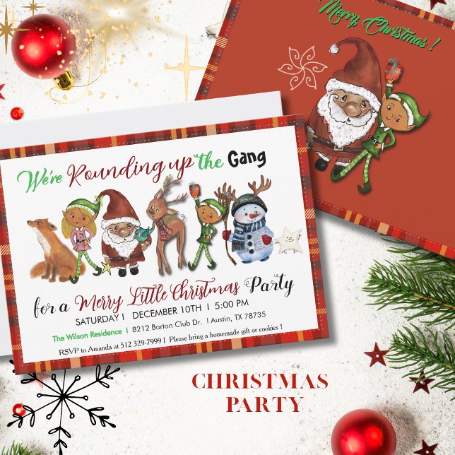 Invitation Santa, Elves, Deer & Snowman Gang Red Plaid (Santa, Elves, Deer & Snowman Gang Red Plaid Invitation)