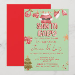 Invitation Santa Girl Boy Holiday Green Baby Shower  