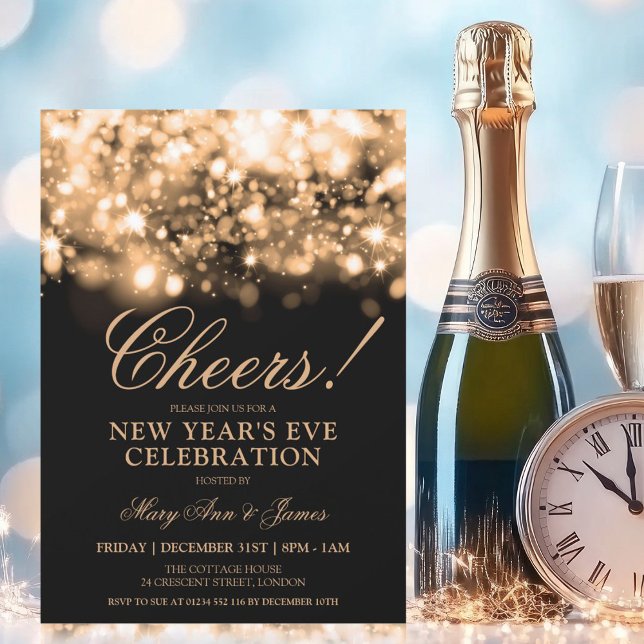 Invitation SANTÉ! Nouvel An Sove Party Gold éclairs (CHEERS! New Years Eve Party Gold Sparkle Lights Invitation)
