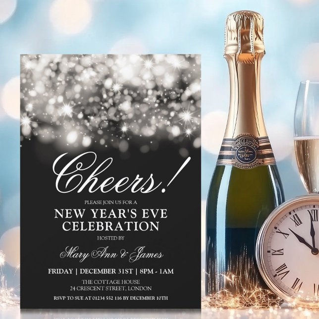Invitation SANTÉ! Nouvel An Sove Party Silver Éclairage (CHEERS! New Years Eve Party Silver Sparkle Lights Invitation)