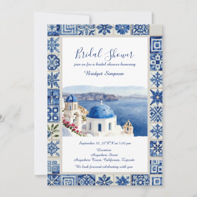 Invitation Santorin Carrelage Bleu Destination enterrement de (Devant)