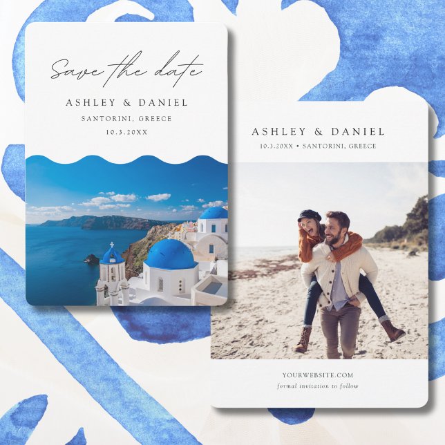 Invitation Santorin Mariage Grèce Enregistrer la date (Santorini Save the Date with a photo of the ocean and an engagement photo)