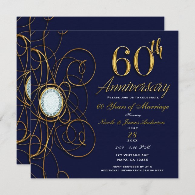 Invitation Saphir Bleu & Diamant Or 60 60e Anniversaire (Devant / Derrière)
