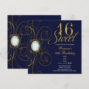 Invitation Saphir Bleu Or Diamant Douce 16 16ème Anniversaire