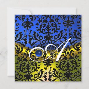 INVITATION SAPHIR JAUNE BLEU DAMAS NOIR MONOGRAMME
