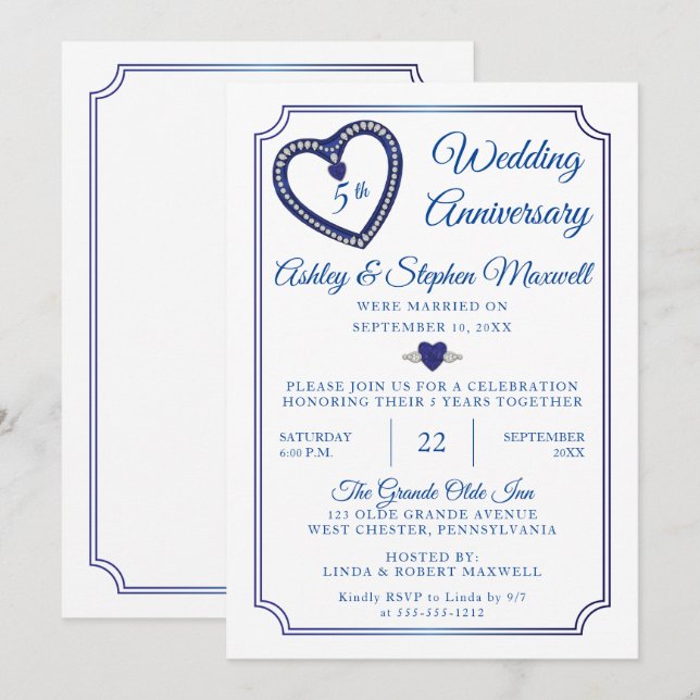 Invitation Saphirs Diamants 5e anniversaire de mariage (Devant / Derrière)