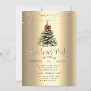 Invitation Sapin,Arc,Guirons Lumineux Or Noël