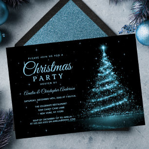 Invitation Sapin de Noël à lumières scintillantes bleues pour